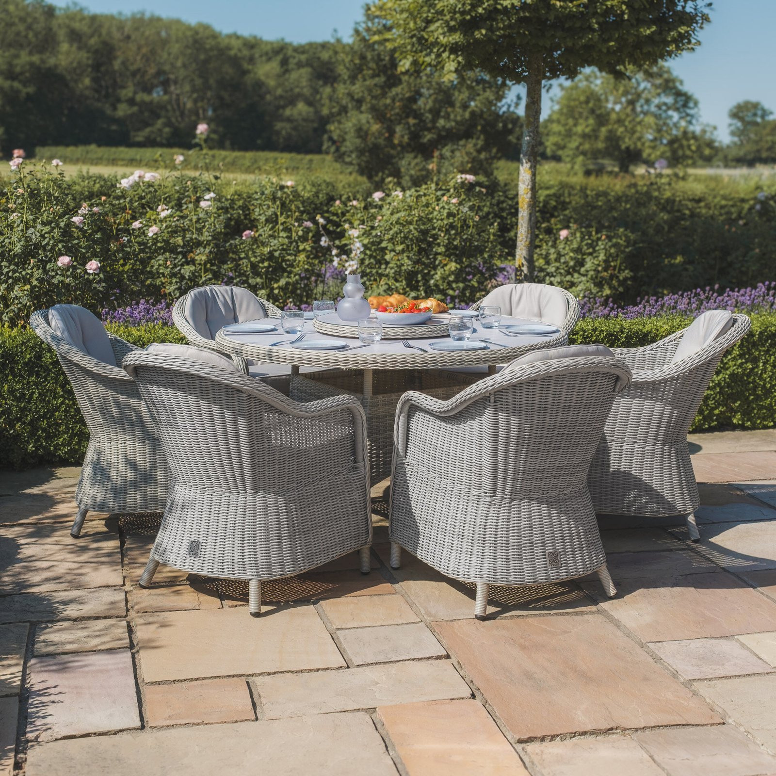 Oxford 6 Seat Round Dining Set with Heritage Dining Chairs & Woven Lazy Susan - Ceramic Glass - Image 2