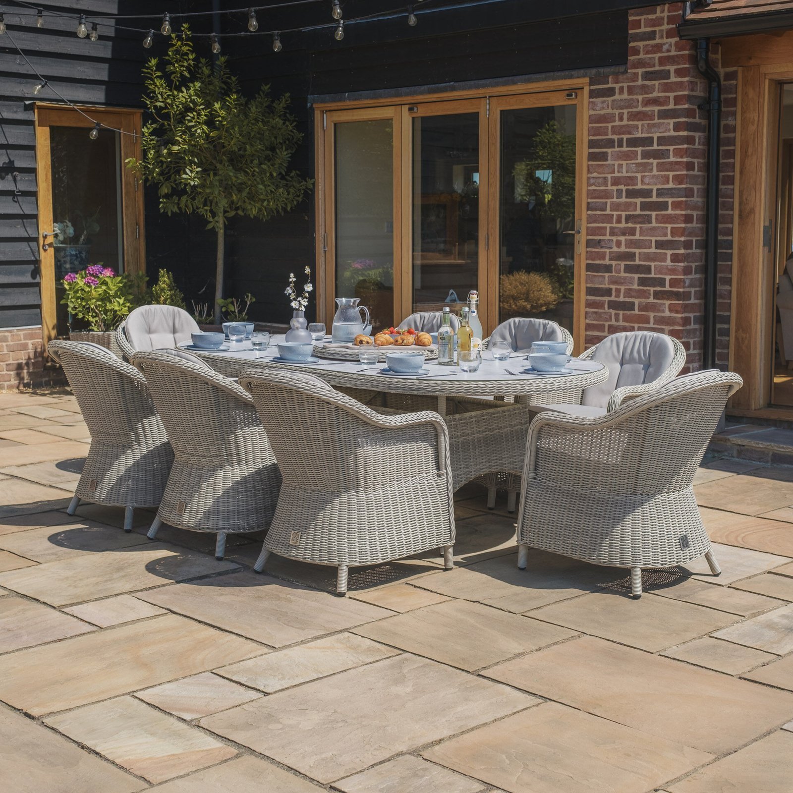 Oxford 8 Seat Oval Dining Set with Heritage Dining Chairs & Woven Lazy Susan - Ceramic Glass - Image 2