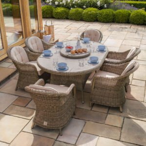 A Winchester 6 Seat Oval Dining Set-with Heritage Dining Chairs & Woven Lazy Susan - Ceramic Glass