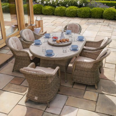 A Winchester 6 Seat Oval Dining Set-with Heritage Dining Chairs & Woven Lazy Susan - Ceramic Glass