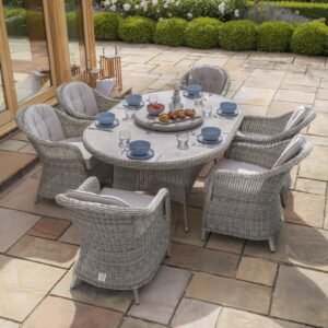 A Oxford 6 Seat Oval Dining Set with Heritage Dining Chairs & Woven Lazy Susan - Ceramic Glass