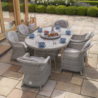 A Oxford 6 Seat Oval Dining Set with Heritage Dining Chairs & Woven Lazy Susan - Ceramic Glass