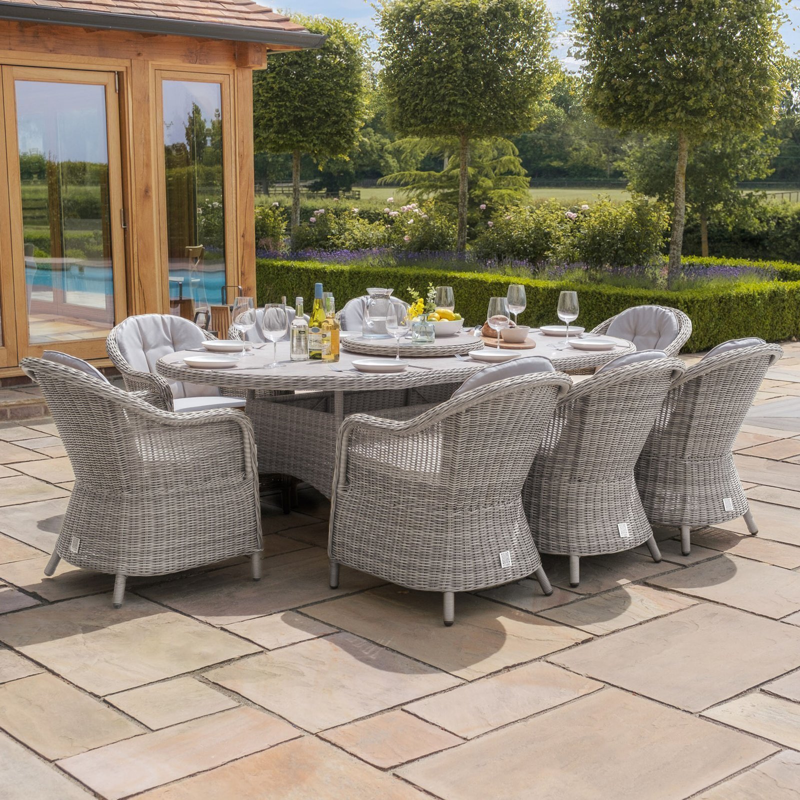 Oxford 8 Seat Oval Dining Set with Heritage Dining Chairs & Woven Lazy Susan - Ceramic Glass