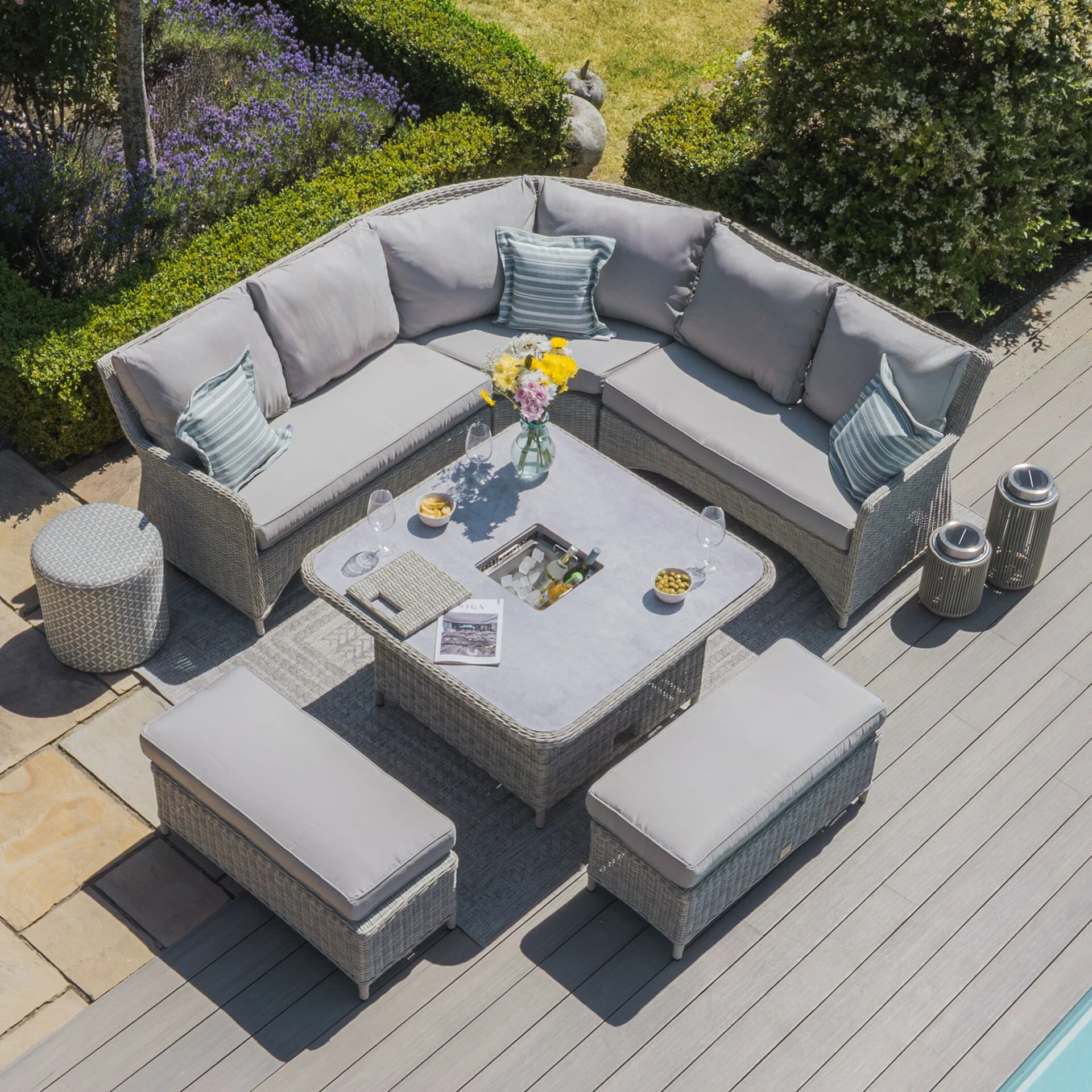 A Oxford Royal Rattan Corner Dining Sofa Set with Ice Bucket & Rising Table - Ceramic Glass - Image 2