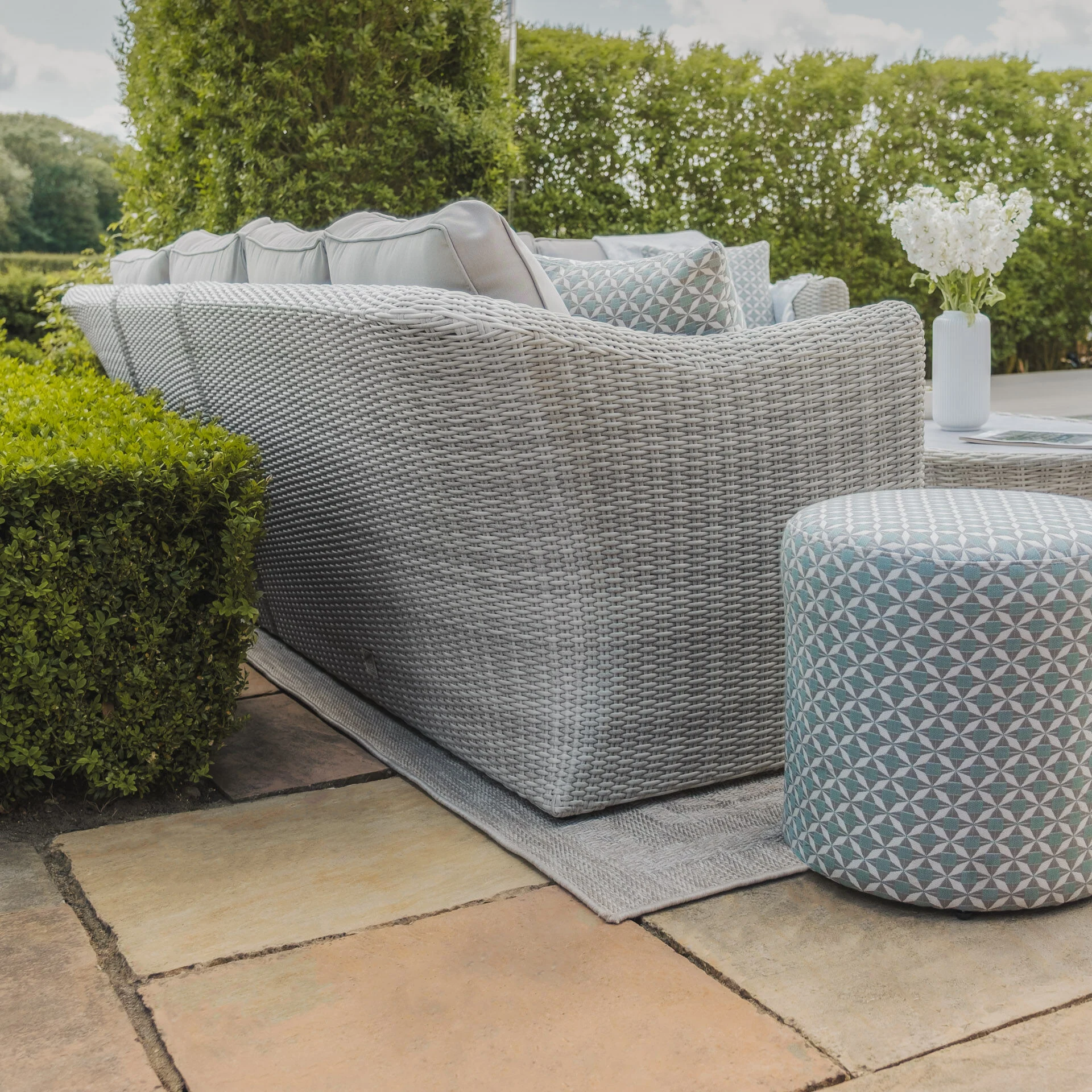 A Oxford Deluxe Large Rattan Corner Dining Set with Rising Table & Armchair - Ceramic Glass - Image 5