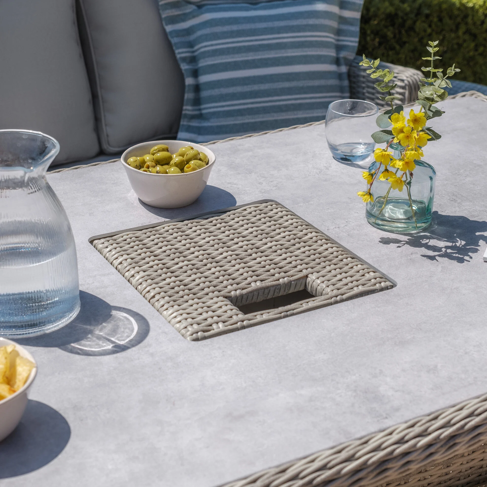 A Oxford Deluxe Large Rattan Corner Dining Set with Rising Table & Armchair - Ceramic Glass - Image 11