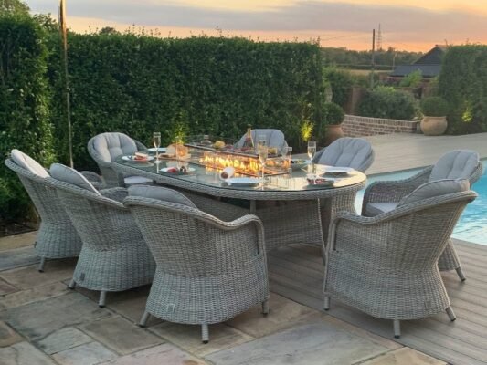Oxford 8 Seat Oval Fire Pit Dining Set with Heritage Chairs
